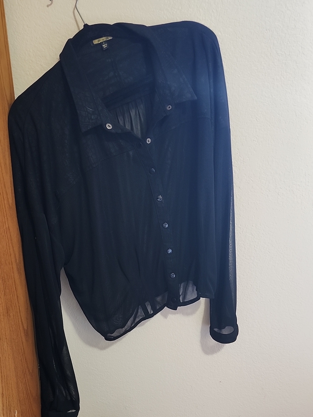 Sheer Mesh Button-Up Blouse - Black